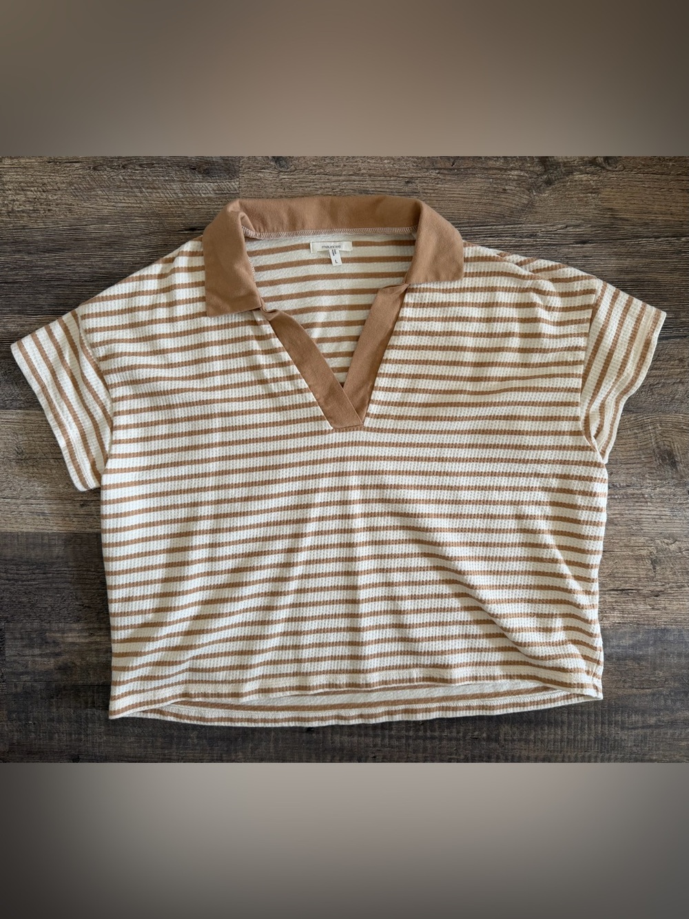 Maurices Women's LG Boxy Neutral Brn/Cream Texture Striped Johnny Collar Top